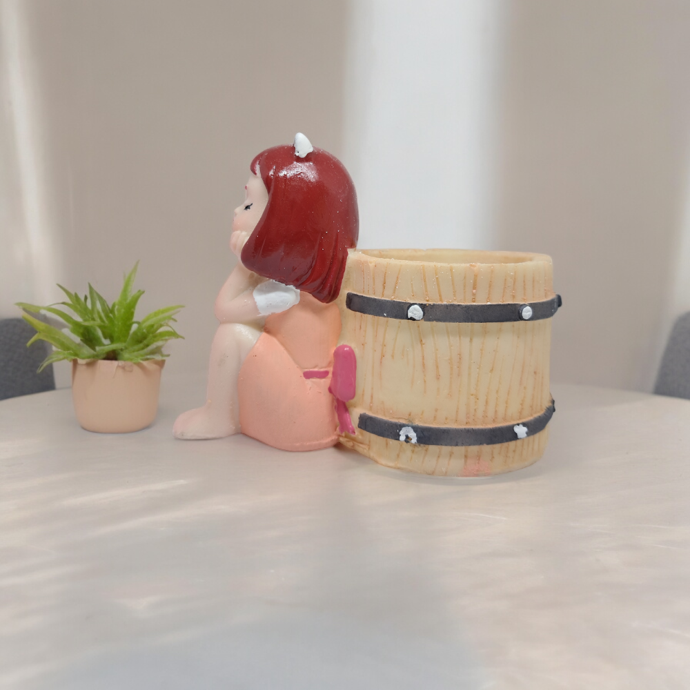 Dreaming Girl with Barrel Designed Resin pots for Home,Office and Garden for Indoor and Outdoor use