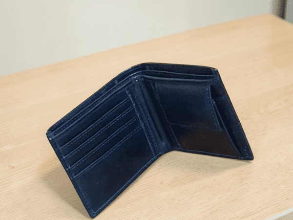 Black vegan leather bifold wallet for men with slim minimalist design