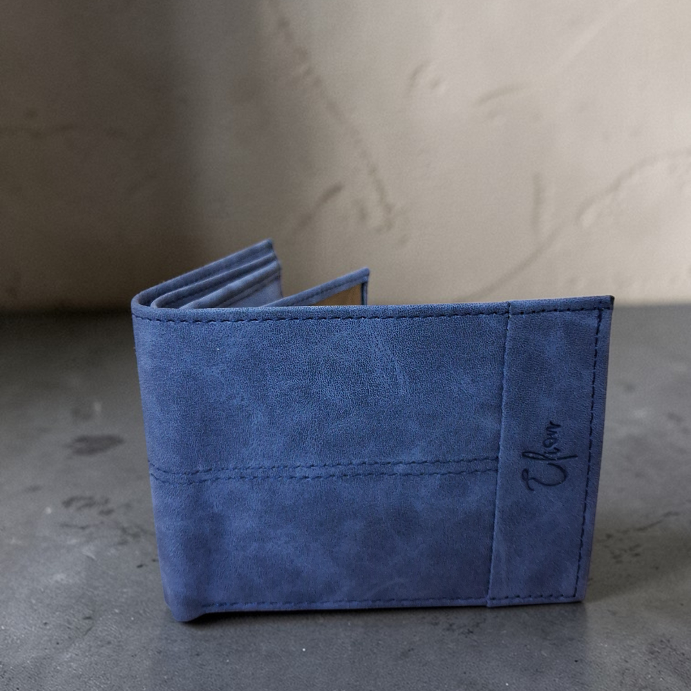 Slim Blue Vegan Leather Wallet for Men – Minimalist Navy Blue Bi-Fold Wallet