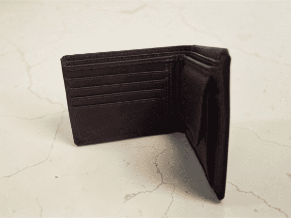 Brown vegan leather bifold wallet for men with slim minimalist design