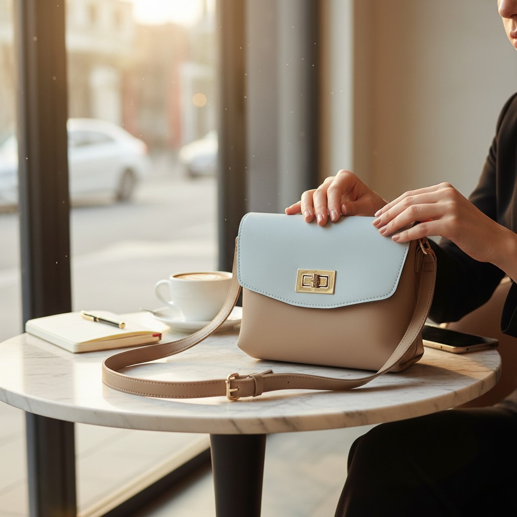 Fashionable Women’s Handbag – Two-Tone Crossbody Shoulder Bag with Metal Lock