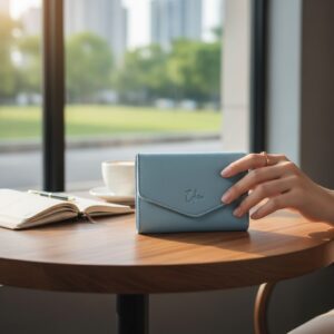 Light blue women’s clutch wallet with envelope flap design