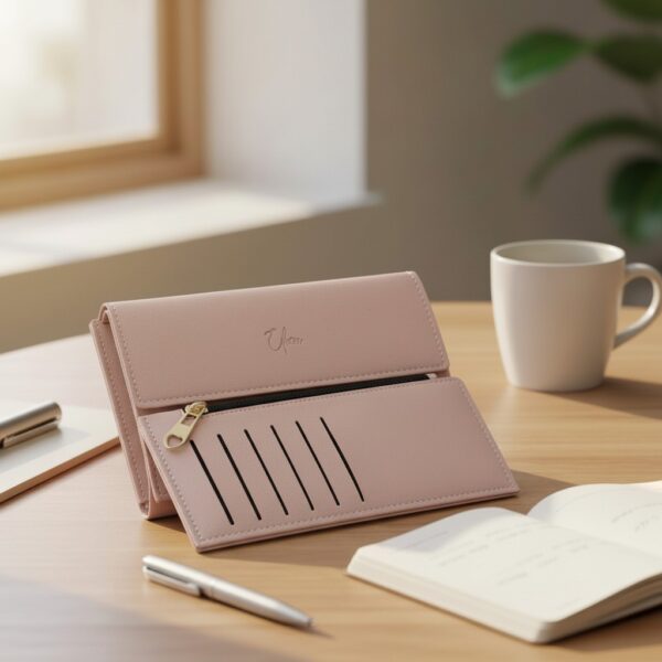 Elegant women’s clutch wallet with multiple card slots and zipper pocket for coins and cash